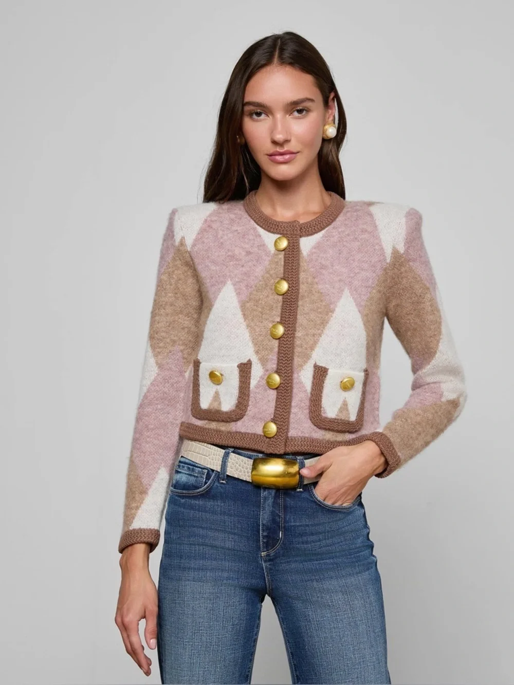 NWT L’agence Siobhan Argyle Cardigan NATURAL MAUVE Wool Sweater Small
